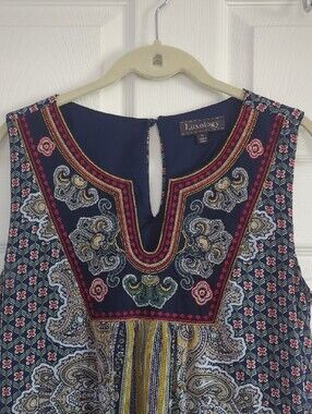 Luxology Navy and Mustard Sleeveless Paisley Midi Dress Size 4